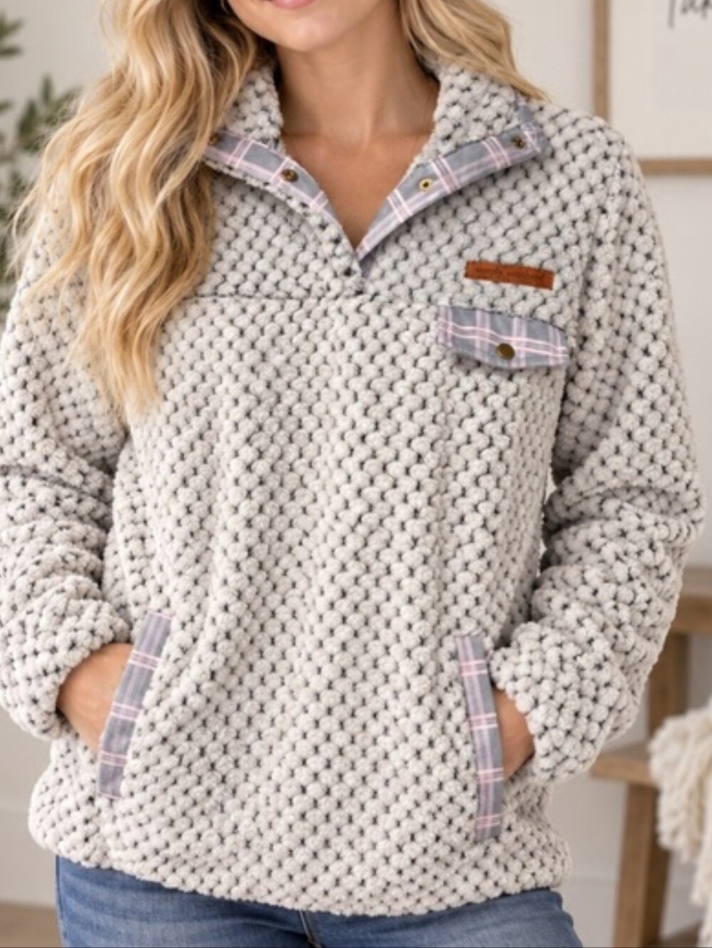 Simply Southern Cream Bubble Fleece Pullover with Plaid Trim